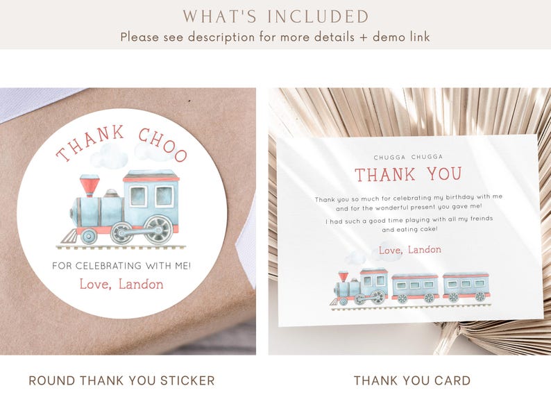 May include: A set of thank you cards and stickers featuring a blue and red train with white clouds. The text on the card reads "Chugga Chugga Thank You" and the text on the sticker reads "Thank Choo for celebrating with me! Love, Landon".