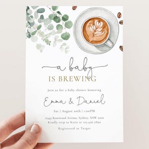A Baby is Brewing Baby Shower Invitation, Editable Template, Coffee Greenery Shower Invite, Gender Neutral Baby Shower, Digital Download