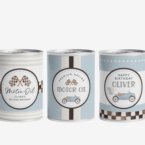 Race Car & Balloons Motor Oil Can Wrapper, Blue Racing Car Motor Oil Tin Can Decor Label, Boy Car B&#39;day Party Cans Decor, Digital Download