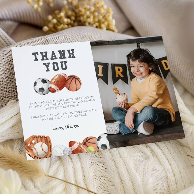 Editable Sports Birthday Thank You Photo Card, Ball B'day Favor Card ...