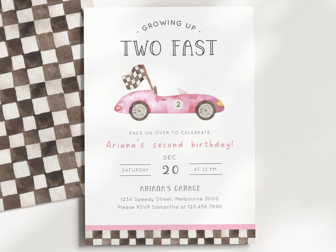 Pink Car 2nd Birthday Invitation, Editable Template, Vintage Pink Race