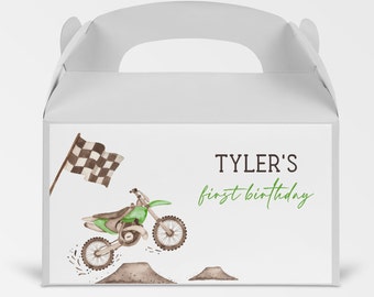 Dirt Bike Gable Box Label, Editable Template, Dirt Bike Birthday Goodie Box Sticker, Green Motor Bike Favor Box Label, Digital Download