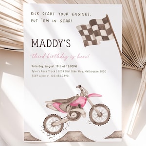 Any Age Pink Dirt Bike Birthday Invitation, Editable Dirt Bike Party Invite, Girl Pink Dirt Bike Race On Over B&#39;day Invite, Digital Download