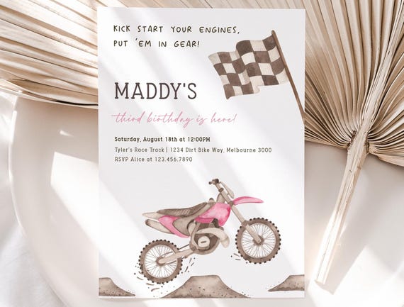 Any Age Pink Dirt Bike Birthday Invitation, Editable Dirt Bike Party Invite, Girl Pink Dirt Bike Race On Over B'day Invite, Digital Download