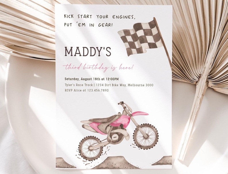 May include: A pink and white birthday party invitation with a checkered flag and a pink dirt bike. The invitation says "Kick start your engines, put 'em in gear!" and "Maddy's third birthday is here!" with the date and time of the party, location, and RSVP information.
