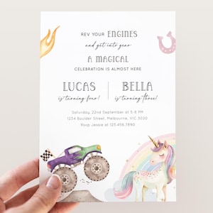 Editable Monster Truck & Unicorn Birthday Invitation, Unicorn Rainbow Race Truck Joint Party, Unicorn Purple Truck Invite, Digital Download