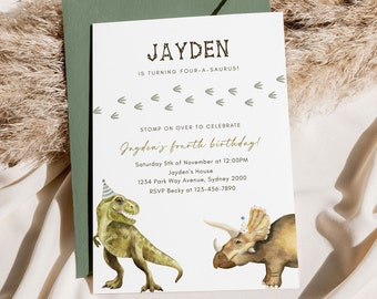 T-Rex & Triceratops dinosaurus verjaardagsuitnodiging, bewerkbare sjabloon, elke leeftijd dinosaurussen B'day uitnodigen, minimalistische Dino Party, Instant Download