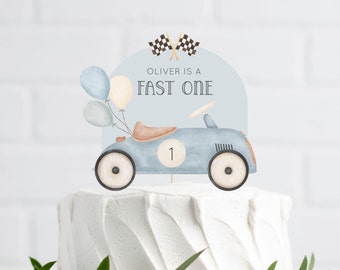 Editable Fast One Cake Toppers, Printable Blue Vintage Car & Balloons Topper, Fast ONE Racing Birthday Party Cake Decor, Digital Download