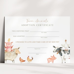 Certificado de adopción de animales de granja, tarjeta de adopción editable para fiesta de cumpleaños en el granero, tarjeta de adopción de un animal de granja para cumpleaños en la granja, descarga digital