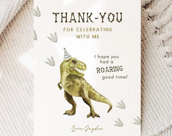 Dinosaur Thank You Card, Editable Template, T-Rex B'day Thank You Note, Dino Birthday Thank You Card, Three Rex Party, Digital Download