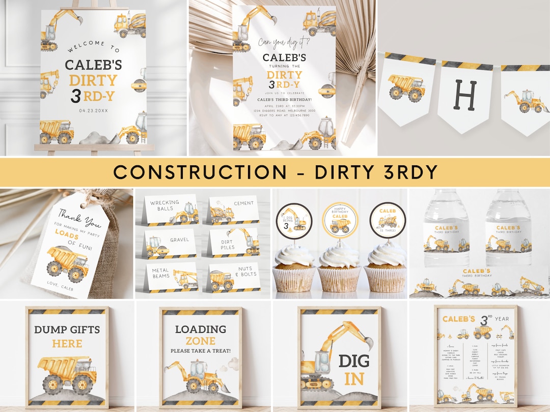 Dirty 3rdy Construction Birthday Invitation Bundle, Editable Template ...
