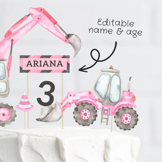 Pink Construction Party Banner Garland - 3 Pre-Strung Banners For Girls' Excavator Dump Truck Birthday
