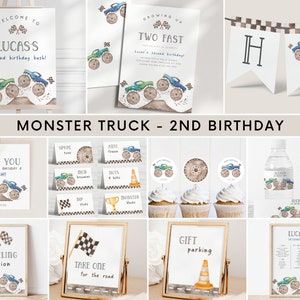 Monster Truck 2nd Birthday Invitation Bundle, Editable Template, TWO Fast Blue Green Monster Truck Party Invite & Signs, Digital Download