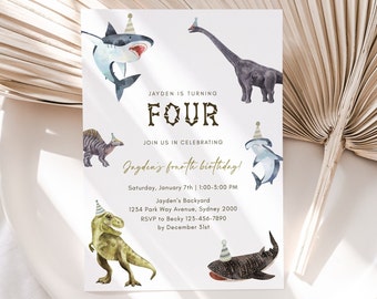 Dinosaurs & Sharks Birthday Invitation, Editable Template, Sharks T-Rex Party Invite, Boy Animals 4th Bday, Any Age Invite, Digital Download