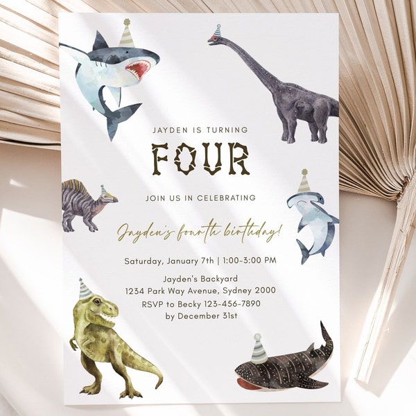 Dinosaurs & Sharks Birthday Invitation, Editable Template, Sharks T-Rex Party Invite, Boy Animals 4th Bday, Any Age Invite, Digital Download