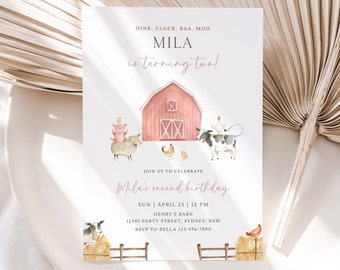 Muted Pink Barn Birthday Invitation, Editable Barnyard Animals B'day Invite, Girl Farm Animals Birthday Party Any Age, Digital Download