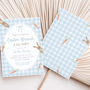 May include: Two Easter brunch invitations with a light blue gingham pattern. One invitation features text: "Easter Brunch & Egg Hunt!" with bunny and carrot illustrations. The second invitation has a gingham pattern with bunny and carrot illustrations.