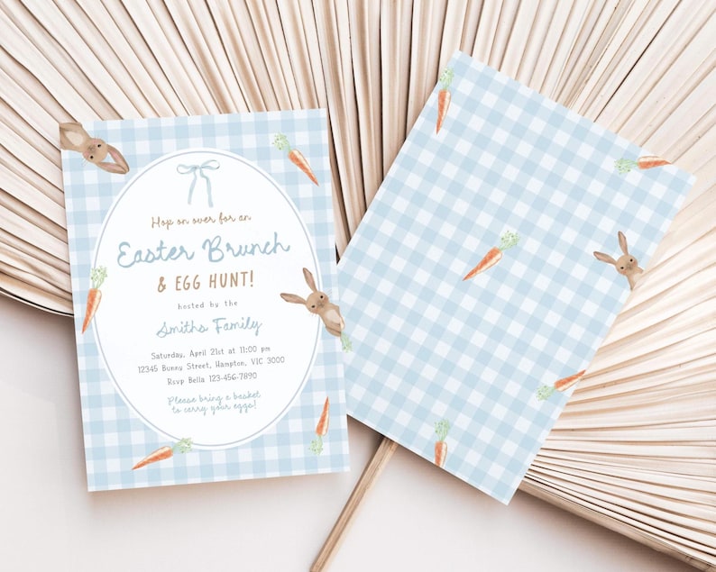 May include: Two Easter brunch invitations with a light blue gingham pattern. One invitation features text: "Easter Brunch & Egg Hunt!" with bunny and carrot illustrations. The second invitation has a gingham pattern with bunny and carrot illustrations.