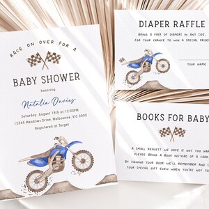 Blue Dirt Bike Baby Shower Invitation, Editable Template, Books For Baby & Diaper Raffle Card, Racing Blue Bike Shower Party Invite Package