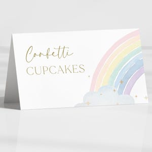 Carpas de comida con forma de arcoíris pastel, etiquetas de comida de cumpleaños editables con forma de arcoíris divertido, decoración minimalista para la mesa de fiesta con forma de arcoíris, descarga digital