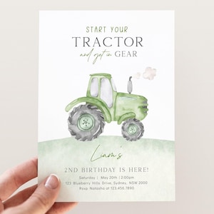 Modèle d'Invitation d'anniversaire de tracteur modifiable, tout âge, inviter à une fête d'anniversaire de tracteur vert, anniversaire de ferme de tracteur vert, téléchargement numérique