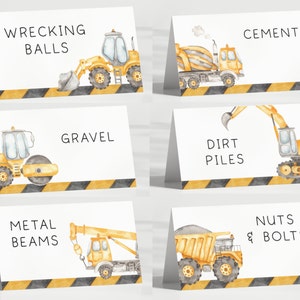 Construction Food Tents Labels, Editable Template, Construction Trucks Birthday Party Signs, Diggers B'day Food Labels, Digital Download image 1