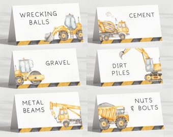 Construction Food Tents Labels, Editable Template, Construction Trucks Birthday Party Signs, Diggers B&#39;day Food Labels, Digital Download
