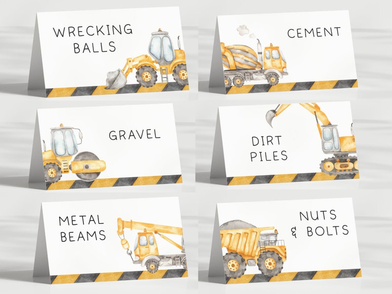 Construction Food Tents Labels, Editable Template, Construction Trucks Birthday Party Signs, Diggers B'day Food Labels, Digital Download image 1