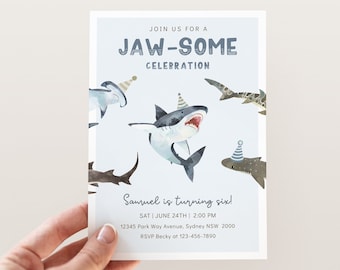 Any Age Sharks Birthday Invitation, Editable Template, Jawsome Sharks Party Invite, Under The Sea Party, Ocean Shark B'day, Digital Download