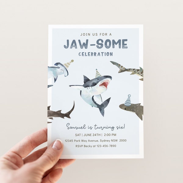 Any Age Sharks Birthday Invitation, Editable Template, Jawsome Sharks Party Invite, Under The Sea Party, Ocean Shark B'day, Digital Download