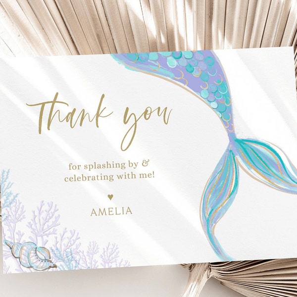 Mermaid Thank You Card, Editable Template, Mermaid Under The Sea Thank You Card, Purple Blue Minimalist Mermaid B'day Note, Digital Download