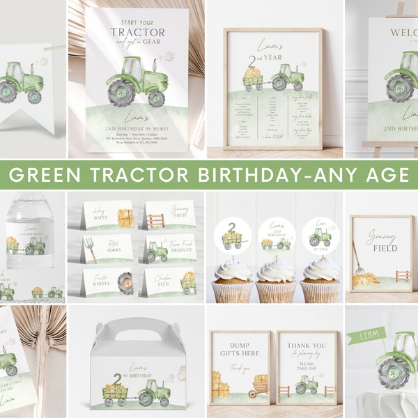 Green Tractor Birthday Invitation Bundle, Editable Template, Any Age Tractor Farm Invite & Signs, Tractor B'day Package, Digital Download