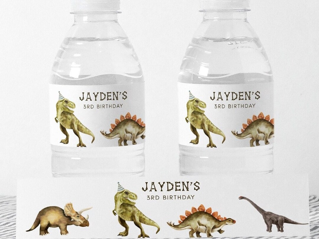 Dinosaur Water Bottle Label, Editable Template, Three Rex Birthday ...