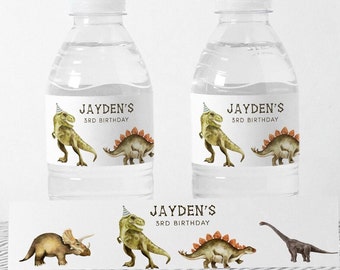 May include: Water bottle labels with a dinosaur theme. The labels feature a green dinosaur with a party hat, a brown dinosaur with orange spikes, and the text "Jayden's 3rd Birthday".