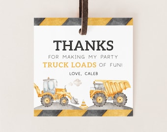 Construction Party Favors Tag, Editable Template, Construction Trucks Birthday Thank You Tag, Digger B'day Tag Label, Digital Download