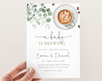 A Baby is Brewing Baby Shower Invitation, Editable Template, Coffee Greenery Shower Invite, Gender Neutral Baby Shower, Digital Download