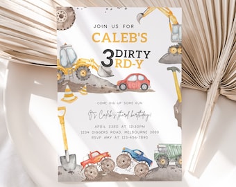 Trucks Dirty 3RD-Y Birthday Invitation, Editable Construction Monster Truck 3rd B'day Party Invite Cars Truck Invite, Digital Download