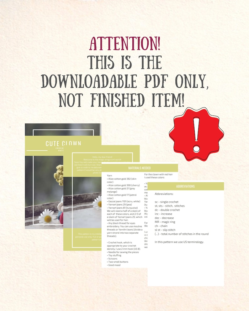 May include: A printable PDF pattern for crocheting a cute clown doll. The pattern includes a list of materials needed, abbreviations, and instructions. The image shows a close-up of the materials list and abbreviations.