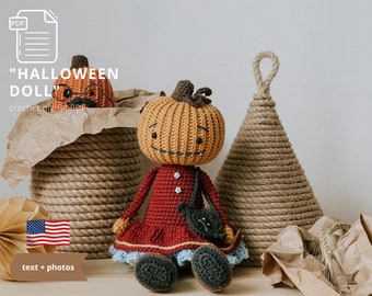 Halloween crochet pattern / Amigurumi pattern / Crochet Pumpkin doll for Halloween / Halloween ornaments / Crochet toys / Crochet pattern