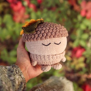 May include: A crocheted acorn-shaped plush toy with a brown hat and a yellow and green leaf on top. The toy has a closed-eye expression and is held in a hand.