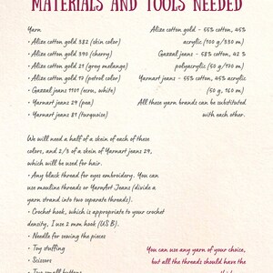 May include: A list of materials and tools needed for a craft project, including yarn, crochet hook, needle, toy stuffing, scissors, buttons, and good mood. The list includes specific yarn brands and colors, as well as the amount of yarn needed for each color. The text also states that any yarn can be used, but all threads should have the same thickness.