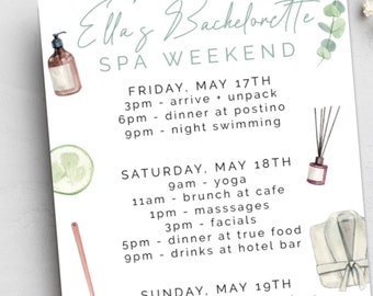 Bachelorette Itinerary - Spa Weekend || DOWNLOADABLE TEMPLATE