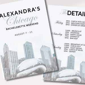 Bachelorette Itinerary Template - Chicago Weekend | Illinois | Double-Sided Schedule | DOWNLOADABLE TEMPLATE