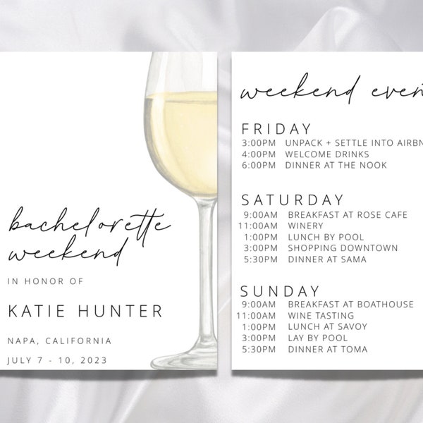 BACHELORETTE ITINERARY | White Wine Bottle Schedule | Napa Bachelorette | Winery Tours - Downloadable & Customizable Template