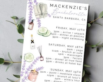 Bachelorette Itinerary - Spa Weekend || DOWNLOADABLE TEMPLATE
