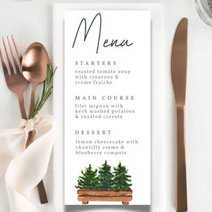 Modèle de menu de saison | Arbre de Noël | Pin | Hiver | Verdure | MODIFIABLE | TÉLÉCHARGEABLE