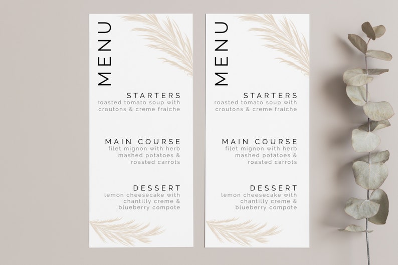 Menu Template Modern Pampas Grass Organic EDITABLE Etsy