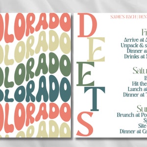 Bachelorette Itinerary Template - Colorado | Denver / Boulder | Retro | Modern | Sleek | Schedule | DOWNLOADABLE TEMPLATE