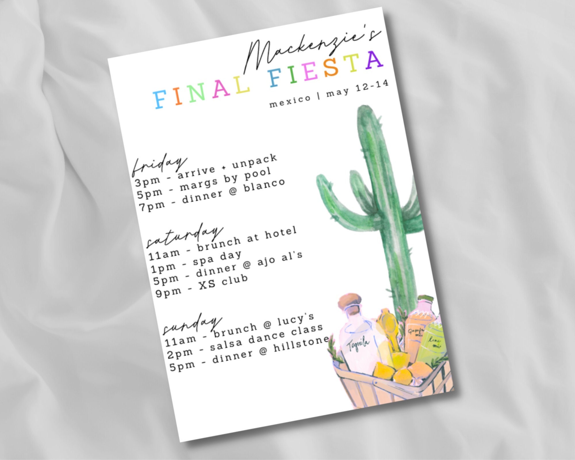 Bachelorette Itinerary - Final Fiesta | Mexico | Schedule | Weekender | DOWNLOADABLE TEMPLATE