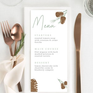 Modèle de menu de saison | Noël | Hiver | Pin | pomme de pin | MODIFIABLE | TÉLÉCHARGEABLE